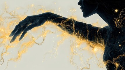 Hand breaks tangled wires symbolizing triumph communication hurdles Mercury retrograde glowing speech bubbles shining gold and blue.