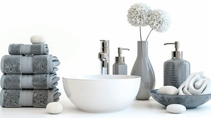 A elegant bathroom accessories set, isolated on a white background