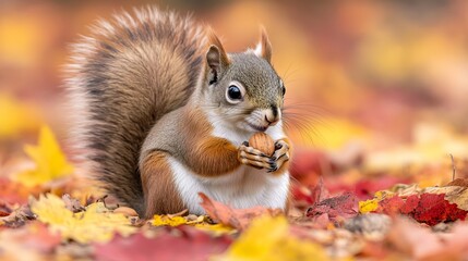 Obraz premium A cute squirrel cradles an acorn in its paws, surrounded by a vibrant blanket of colorful autumn leaves, capturing the essence of nature's beauty and wildlife.