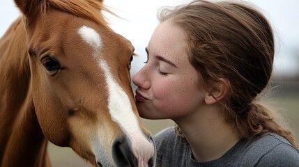A young girl lovingly kisses her horse, capturing a beautiful moment of connection and affection between humans and animals in a serene outdoor environment.