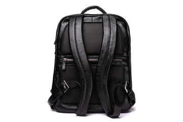 Sleek black leather backpack with mesh detailing suitable for urban travel and daily use