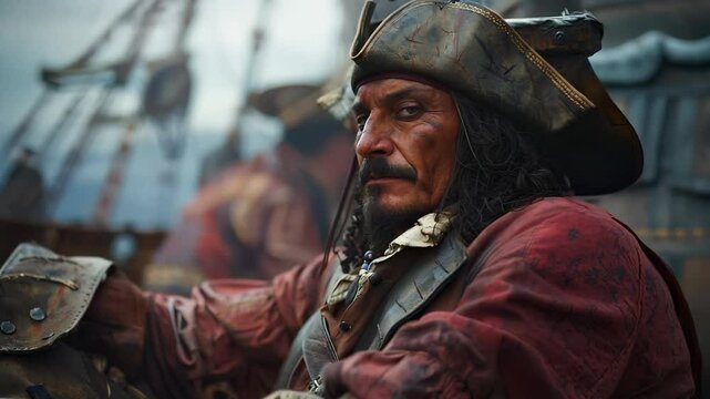 Life of a pirate: pirate, adorned in 17th-century attire, stands firm on deck of a ship as the Caribbean waves crash around him, embodying adventure, danger, desire for treasure in salty sea breeze.