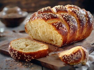 freshly baked bread with sesame seeds on a wooden board