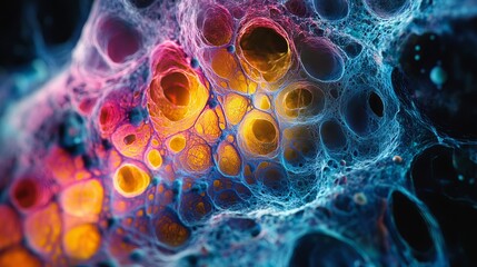 An intricate and colorful abstract representation of cellular structures, with glowing nodes interspersed throughout, evoking feelings of connection and vibrancy in life.