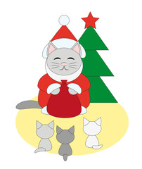 Cat Santa Claus with a gift bag, under the Christmas tree. Gives gifts to kittens. Vector flat illustration.