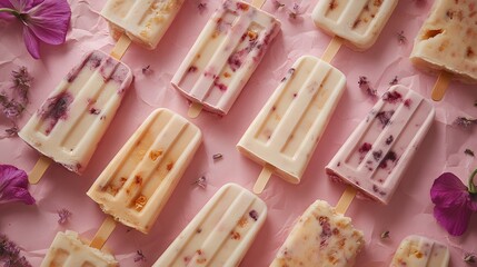 Delicious Frozen Yogurt Popsicles Arranged on Pink Background