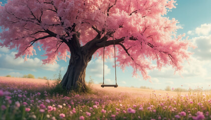 wallpapers A picturesque scene featuring a majestic pink tree with a swing, surrounded by a vibrant blooming field. Captivating nature's beauty, AI generated.