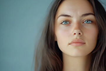 Fototapeta premium Young woman with striking blue eyes and natural makeup against a simple background