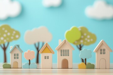 3d wooden spring town, toy trees and houses	