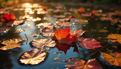 wallpapers A serene view of vibrant autumn leaves floating on the surface of water, reflecting warm sunlight, creating a peaceful ambiance. AI generated.