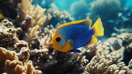 A vibrant orange and blue fish swims gracefully among colorful coral reefs, showcasing the beauty and diversity of marine life in a stunning underwater environment.