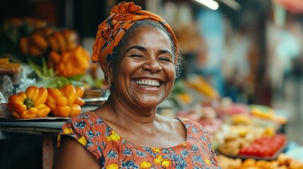 Obraz premium Joyful Brazilian market vendor laughing at local farmers market. Authentic portrait of mature woman in colorful headscarf selling fresh produce with genuine happiness