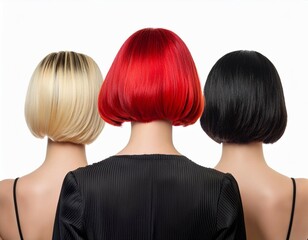 close up collection of blonde red and black short bob wigs in back view isolated perfect for hair styling fashion design and beauty product advertising on a clean white background