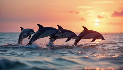Fototapeta premium wallpapers A stunning display of dolphins leaping through the waves against a vibrant sunset backdrop, capturing the beauty of nature and marine life. AI generated