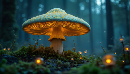 wallpapers A captivating scene featuring a glowing mushroom in a serene forest. The soft light and greenery create a magical atmosphere. AI generated.