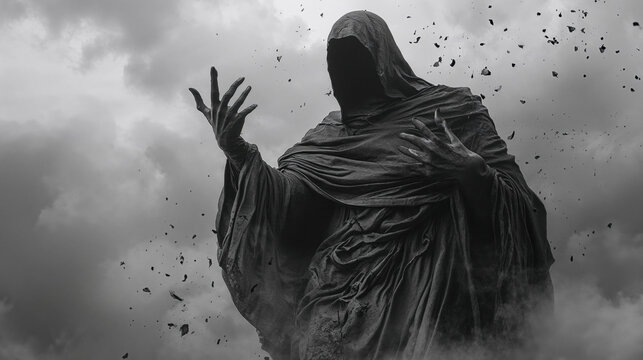 Dark artistic photograph of cloaked figure in dramatic pose against stormy sky. Gothic monochrome image with floating debris creating mysterious and supernatural atmosphere