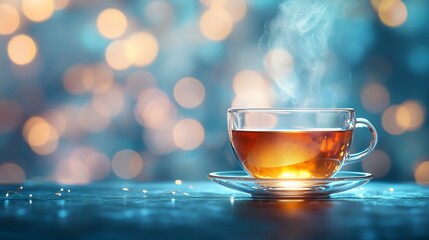 Fototapeta premium Steaming cup of tea on a table with bokeh lights.