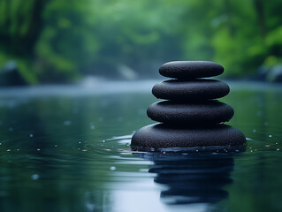 Stacked black stones in a calm river