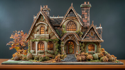 Obraz premium A house made of gingerbread with a green roof and a porch