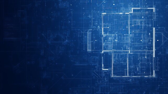 This digital blueprint showcases intricate geometric patterns and structural elements, illustrating a futuristic architectural design concept with a deep blue background.