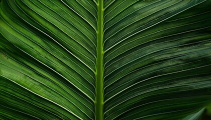 macro shot of a lush dark green tropical leaf highlighting its intricate vein pattern creating a chic and earthy nature background with room for additional imagery