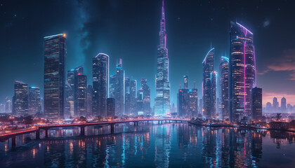 Obraz premium wallpapers A stunning view of a futuristic city skyline at night, showcasing tall buildings illuminated with vibrant neon lights reflecting on the water. AI generated.