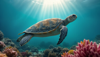 Obraz premium wallpapers A beautiful sea turtle gliding through crystal clear waters near vibrant coral reefs. Natural light filters through the surface, creating a serene atmosphere. AI generated