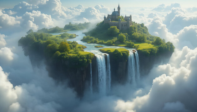wallpapers A breathtaking view of a floating castle surrounded by lush greenery and waterfalls cascading into the clouds. Captivating and enchanting, this scene is truly AI generated. - Powered by Adobe