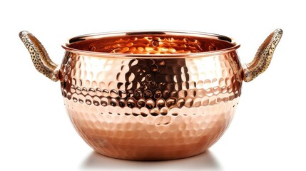 A elegant, copper hotpot with a sophisticated, hammered design and a warm, luxurious tone, isolated on a white background