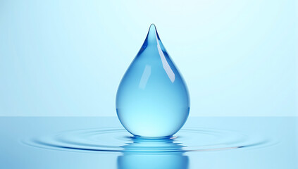 water drop, crystal clear, blue tint, translucent, reflective surface, teardrop shape, floating, white background