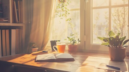 An inspiring morning routine setup: a clean desk with a gratitude journal, a cup of herbal tea, motivational quotes on the wall