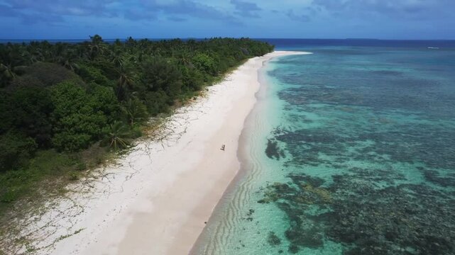 Tropical resort on paradise Fiji Tonga island landscape. Beautiful Caribbean palm beach with palms, blue water and white sand. Empty shores of the Caribbean Sea. Travel to the Dominican Republic