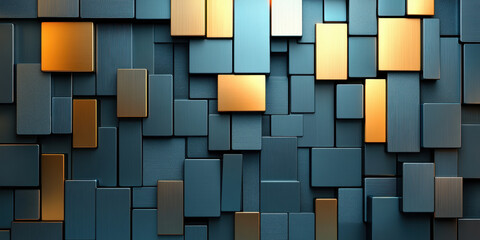 A modern abstract wall design featuring a mix of blue and gold rectangular blocks, creating a stylish and dynamic visual effect.