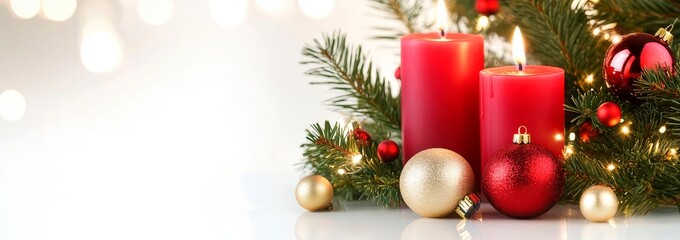 Christmas background with a red candle, snow, and decorations on a light grey background with copy space for text. Christmas card design template