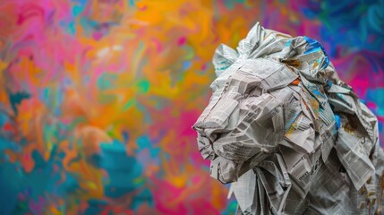 Fototapeta premium Portrait photography close-up of a lion sculpture made of folded newspaper, set against a vibrant abstract background with vivid colors