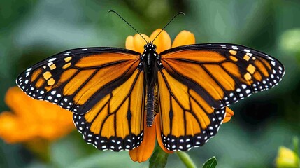 Fototapeta premium Monarch butterfly perched on orange flower.