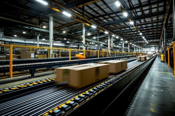 Fototapeta premium Parcels on conveyor belt in warehouse for packing with motion blur effect