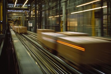 Parcels on conveyor belt in warehouse for packing with motion blur effect