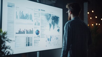 Businessman Analyzing Data on Large Display Screen Showing Charts Graphs and World Map in Dark Office