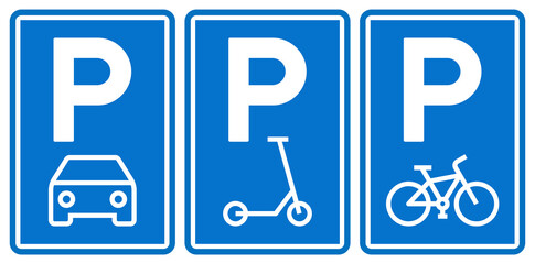 Car, scooter and bike parking sign, road symbol set. Parking public icons street place.