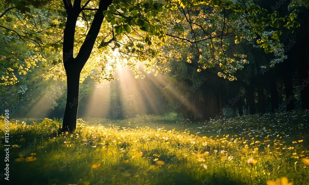 Wall mural sunlight filters through trees in a serene meadow.