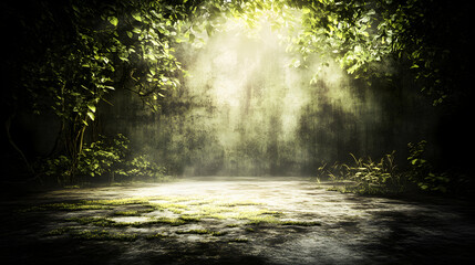 Obraz premium Enchanting, mystical forest scene with sunlit clearing and mossy ground; perfect background for fantasy, fairytale, or magical themes.