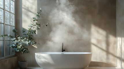 A serene and minimalist bathroom featuring a sleek white bathtub, soft steam rising, and elegant greenery. Bright and neutral lighting emphasizes the clean lines.
