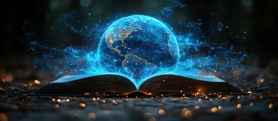 An open book with glowing pages and an ethereal blue globe of the Earth emerging from it, symbolizing global knowledge and interconnectedness in digital education.