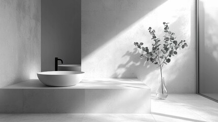 A serene minimalist bathroom featuring a round white basin, soft natural light, and a stylish decorative plant in a vase, embodying calm aesthetics.