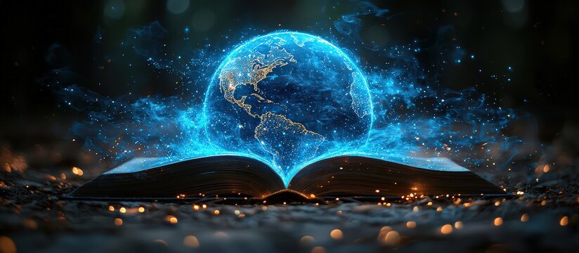An open book with glowing pages and an ethereal blue globe of the Earth emerging from it, symbolizing global knowledge and interconnectedness in digital education.