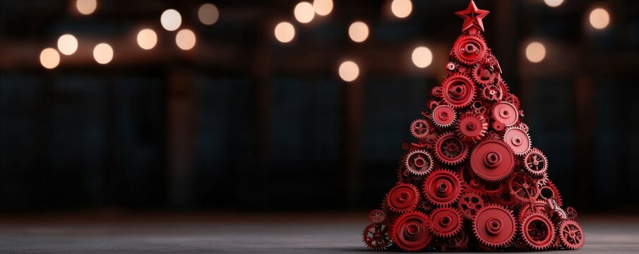 Innovative christmas tree made of red gears unique industrial decor festive setting close-up view creative concept