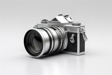 Fototapeta premium Vintage 35mm camera on white background with lens and reflection on the surface below the camera 