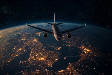 An airplane flying over the Earth at night, with lights and city glow below