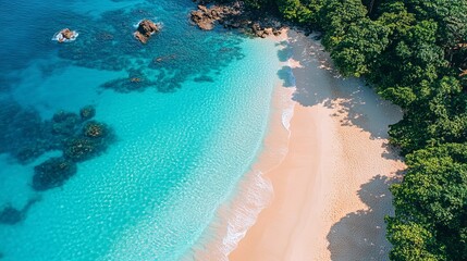 This stunning image showcases a tranquil beach with pristine turquoise waters gently lapping against soft sands under the shade of lush greenery, evoking a sense of peace.